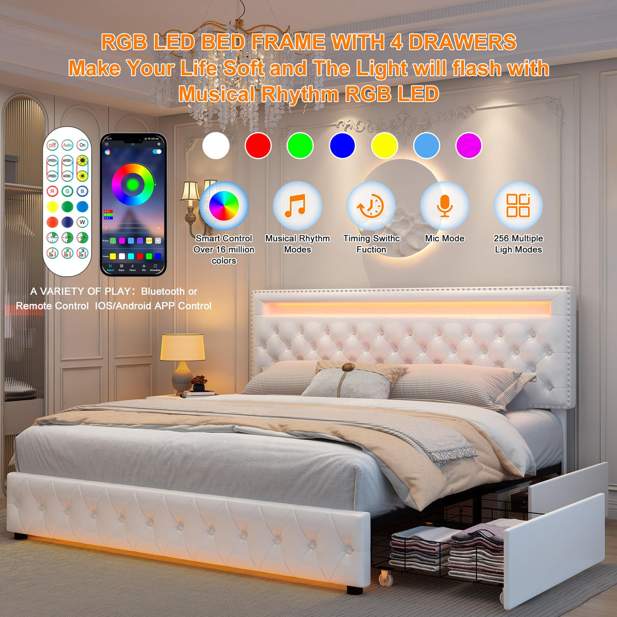 Queen Led Bed Frame with 4 Storage Drawers, with Smart Control RGBW LED Lights Headboard Footboard,