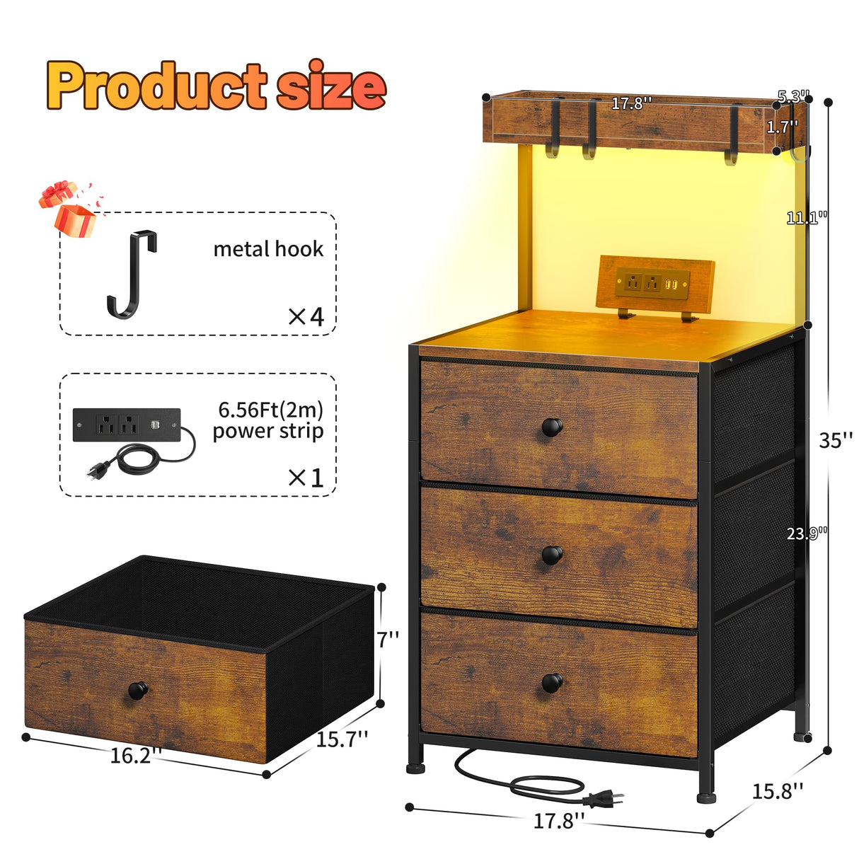 Tall Nightstand with Charging Station and Led Lights Nightstand