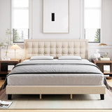 Full Size Bed Frame with Button Tufted Headboard, Upholstered Low Platform Bed Frame,