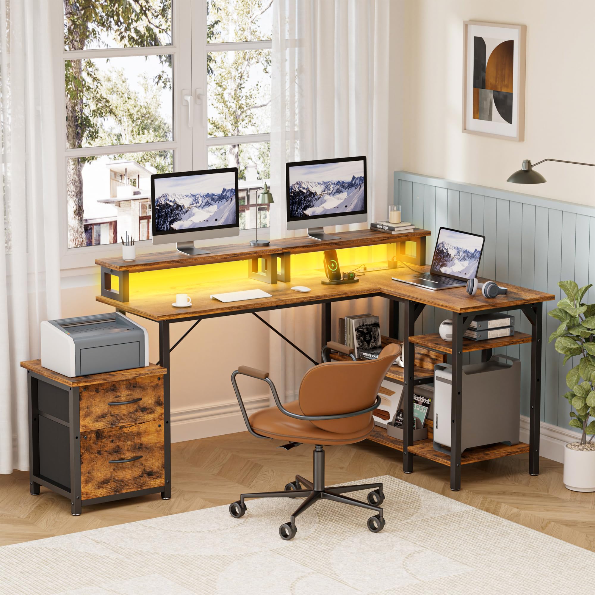 L Shaped Desk, Home Office Desk,68 Inch Corner Desk with File Drawers & Storage Shelves