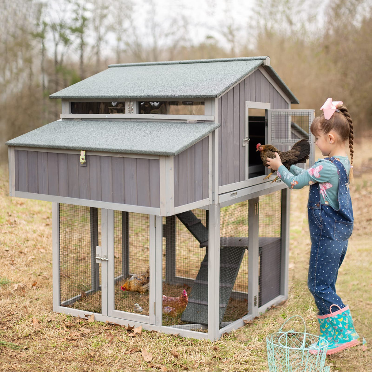 Chicken Coop Foldable Hen House Large Poultry Cage with Nesting Box and Run