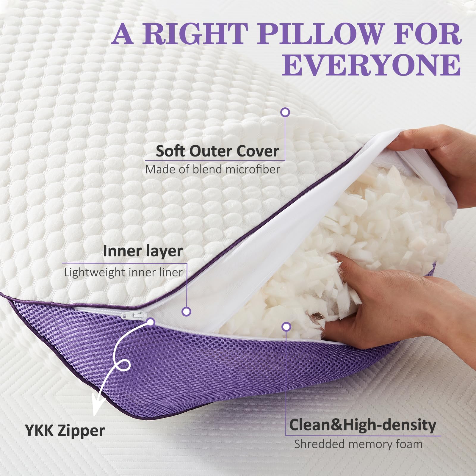 Adjustable Shredded Memory Foam Pillows Queen Size, Cooling Bed Pillows for Sleeping