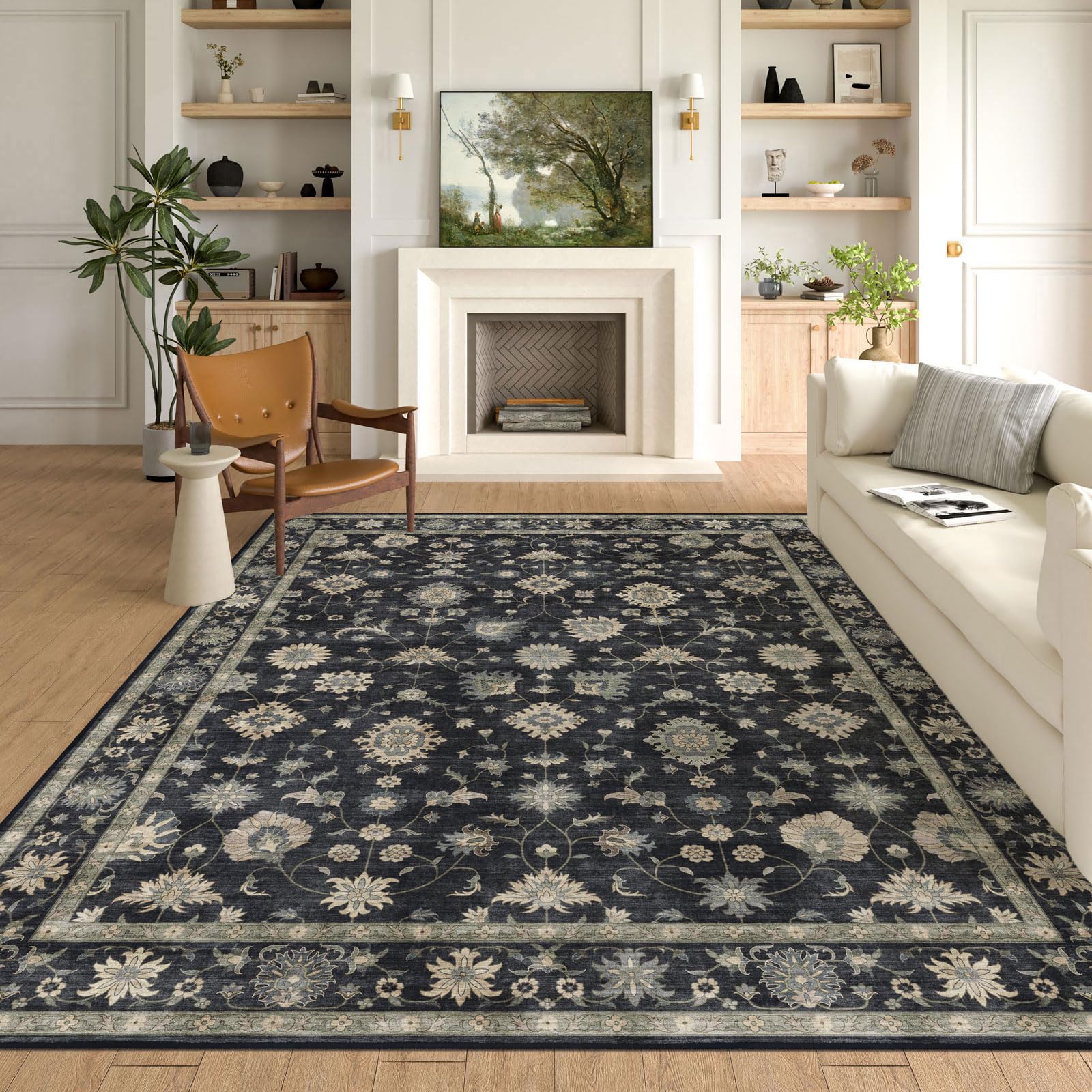Washable Area Rug 8x10 - Large Charcoal Black Boho Rugs for Living Room Soft Vintage