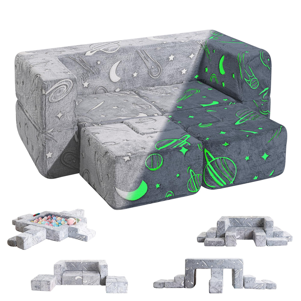 Kids Sofa Couch, 10pcs Modular Kids Play Couch,Toddler Sofa That Fold Out,Convertible Toddler Play Foam Couch,Glow in The Dark,Child Sectional Sofa for Playroom,Bedroom Furniture