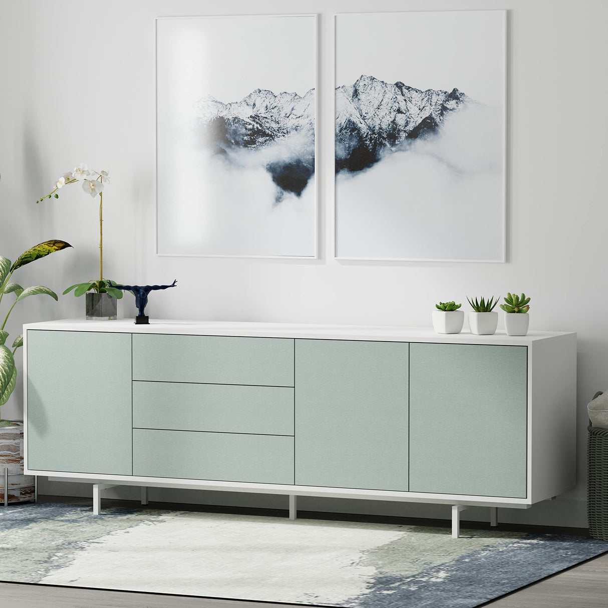 Glenwillow Home Atlas 78" x 28" Highboy Modern TV Stand Cabinet and Sideboard - White Frame, Jade Ocean Door/Drawers, White Base