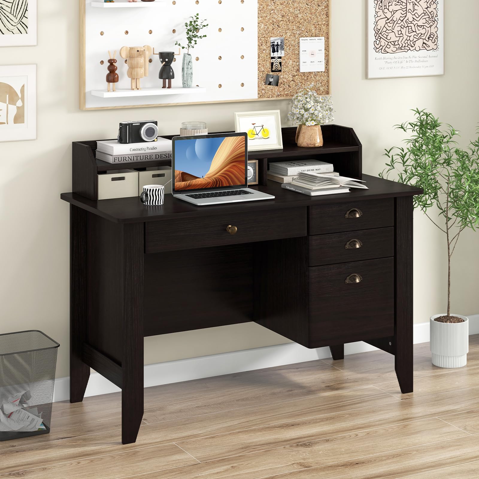 Computer Desk with 4 Storage Drawers & Hutch, Home Office Desk Vintage Desk