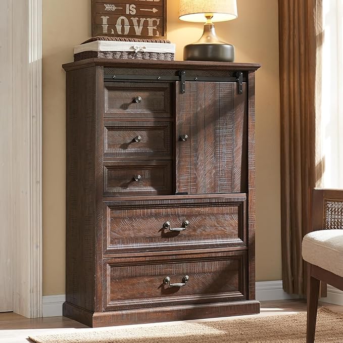 Farmhouse 5 Drawers Dresser for Bedroom, 47" Tall Chest of Drawers w/Sliding Barn Door,