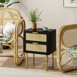 Rattan Nightstand with Charging Station, 2 Drawer Dresser for Bedroom