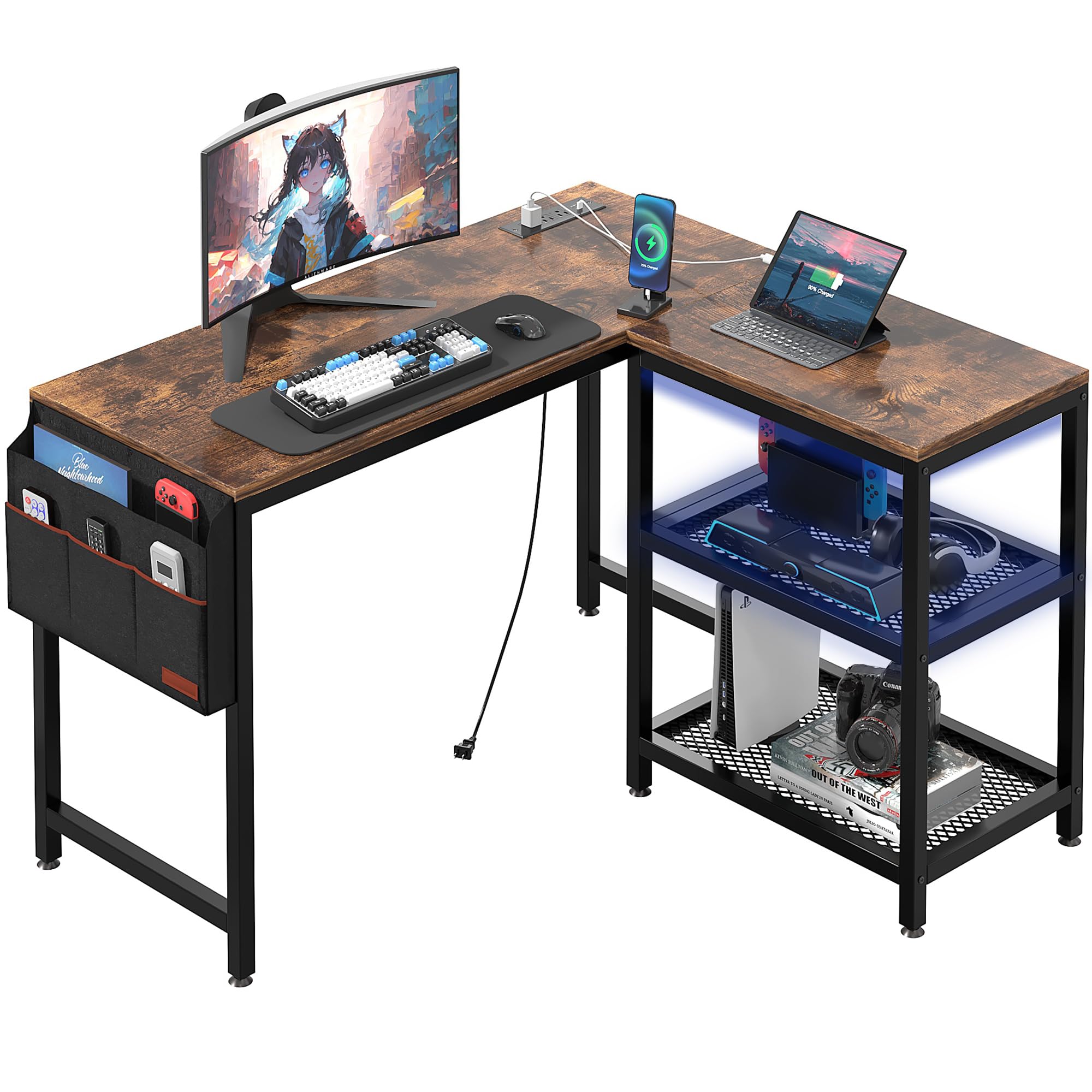 L Shaped Computer Desk 49 Inch Writing Study Corner Gaming Table with Storage Shelves and Side Bag, for Home Office Workstation