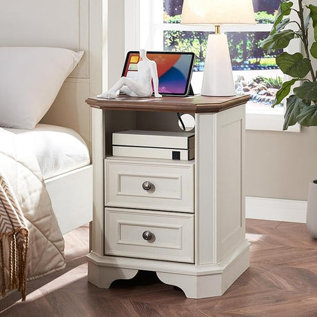 Farmhouse Nightstand with Charging Station, 18" End Table with 2 Drawers,