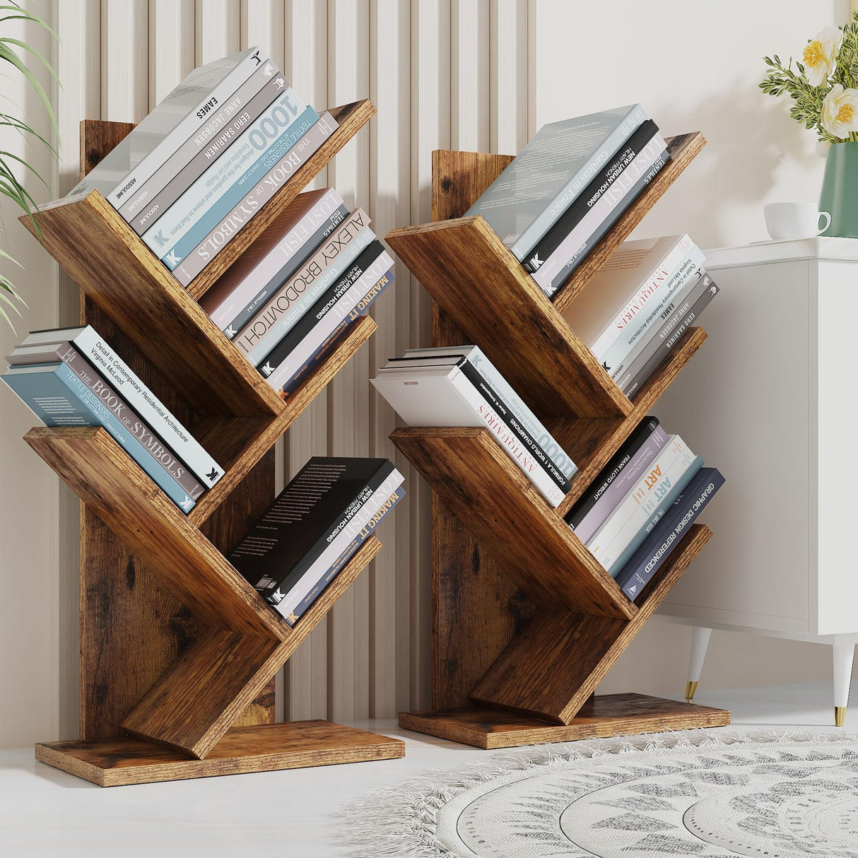 4 Tier Tree Bookshelf, Small Bookcase, Modern Wood Book Storage Rack