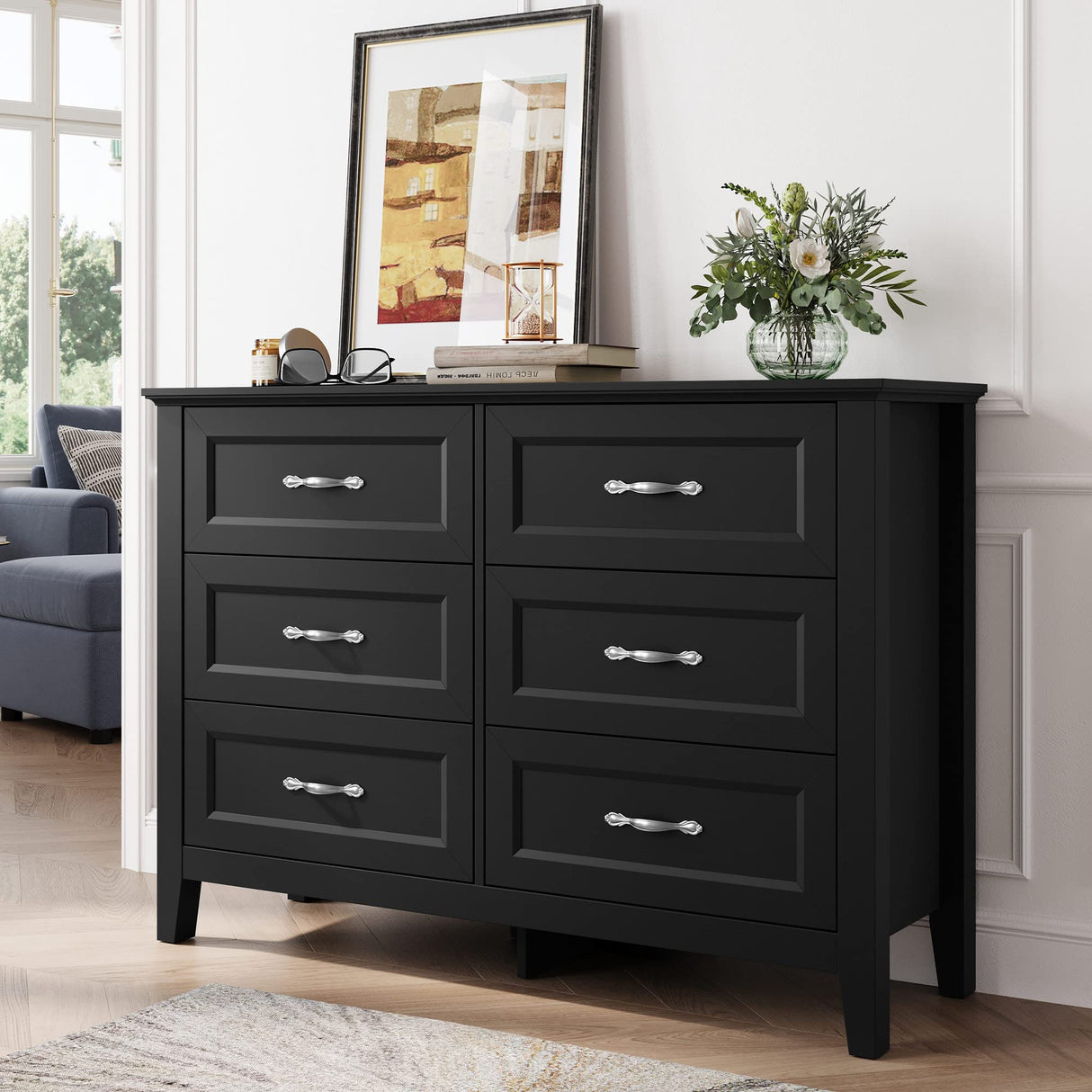 Black Dresser for Bedroom Long Dresser with 6 Drawers