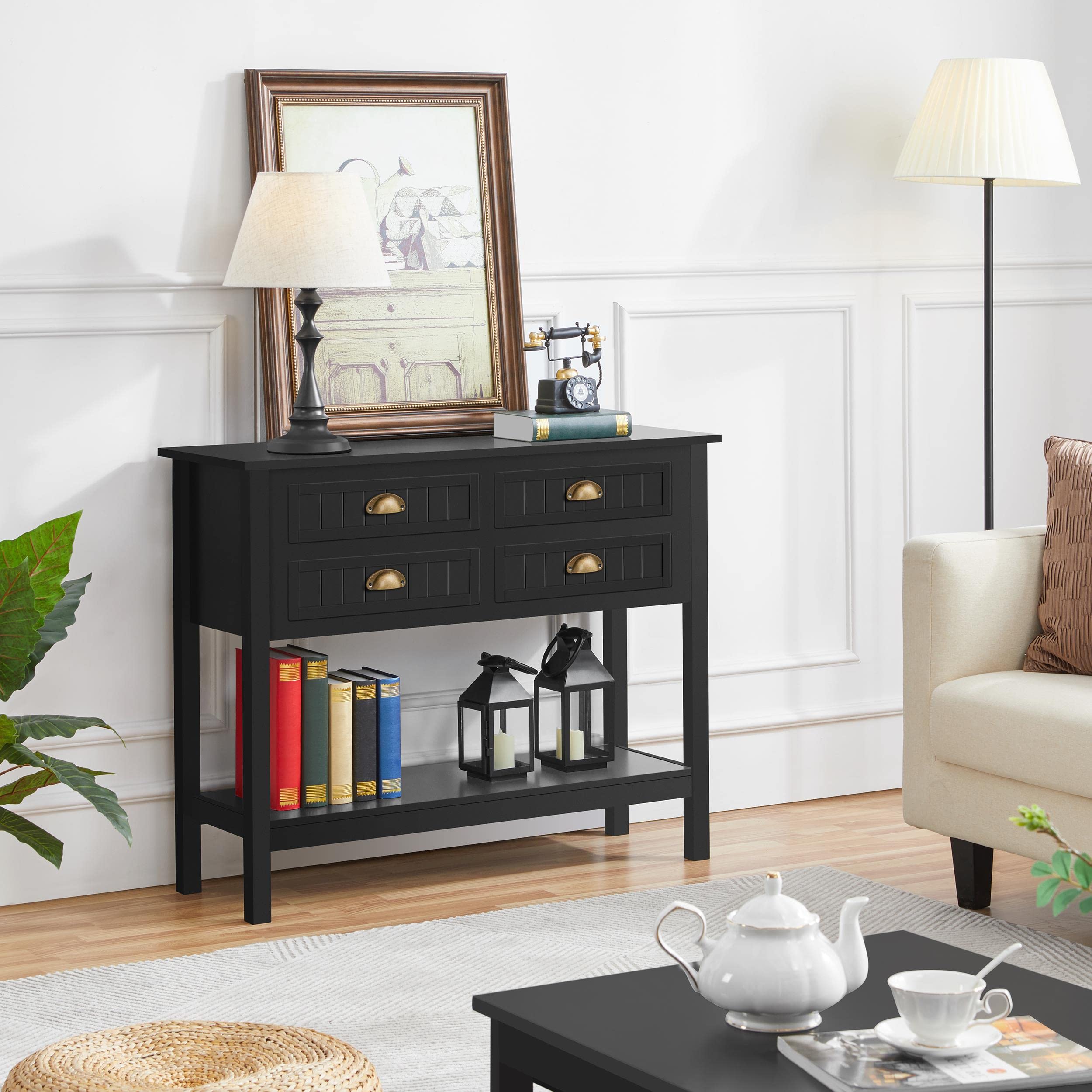 Console Table with 4 Drawers, Sofa Side Table with Bottom Open Storage Shelf,