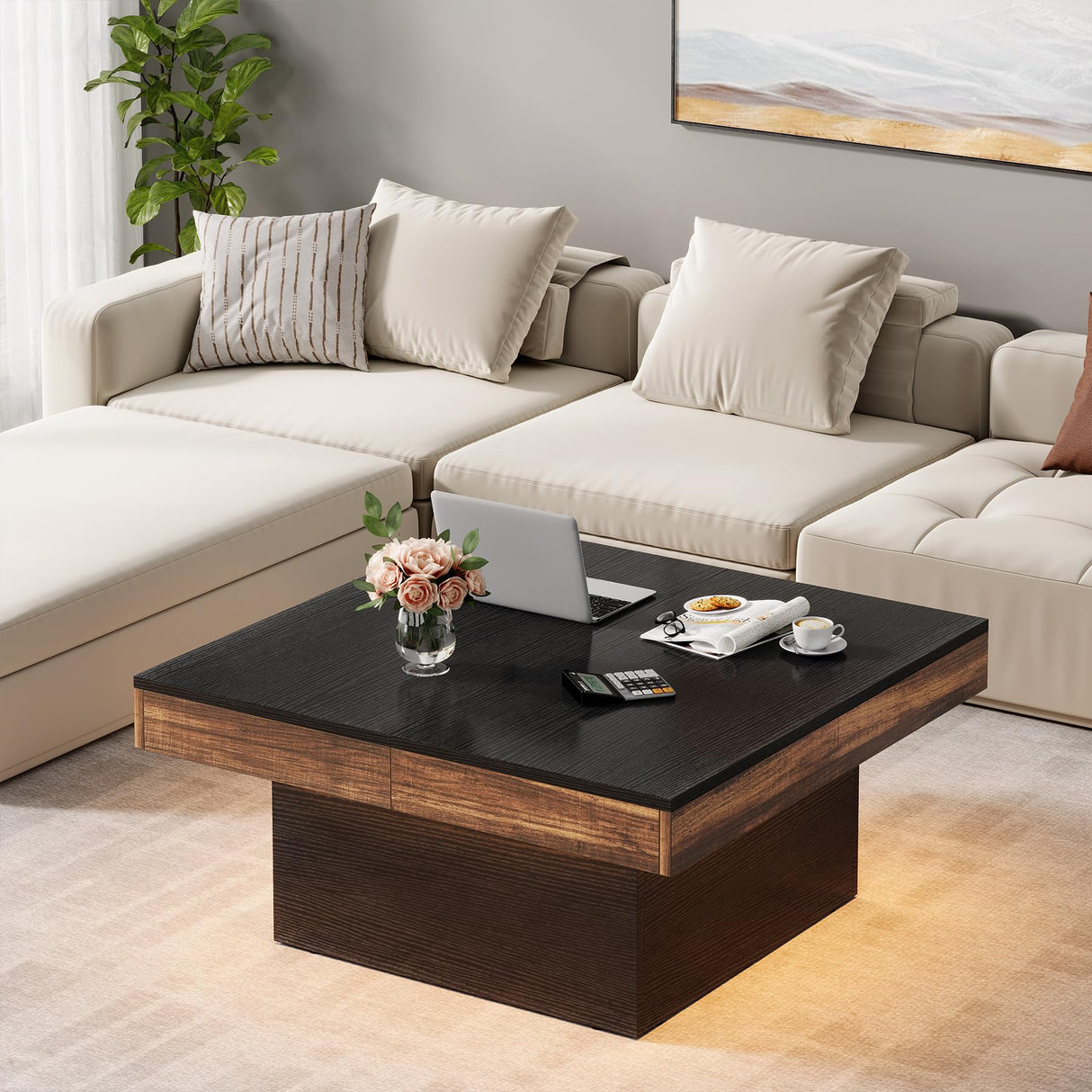 Square Coffee Table with LED Light, 35-inch Modern LED Coffee Table with Storage