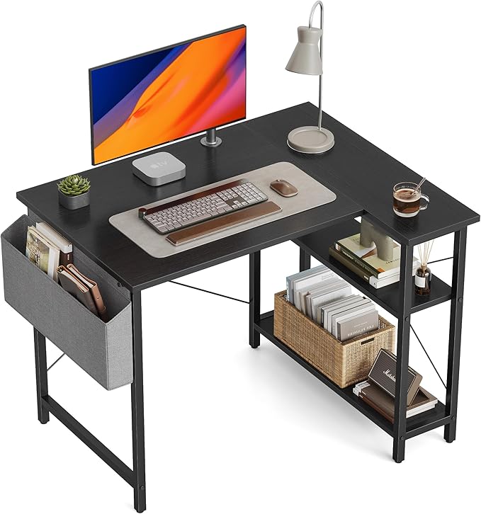 L Shaped Desk, 40 Inch Computer Desk with Reversible Storage Shelves Home Office Corner Desk Study Writing Table, Deep Brown