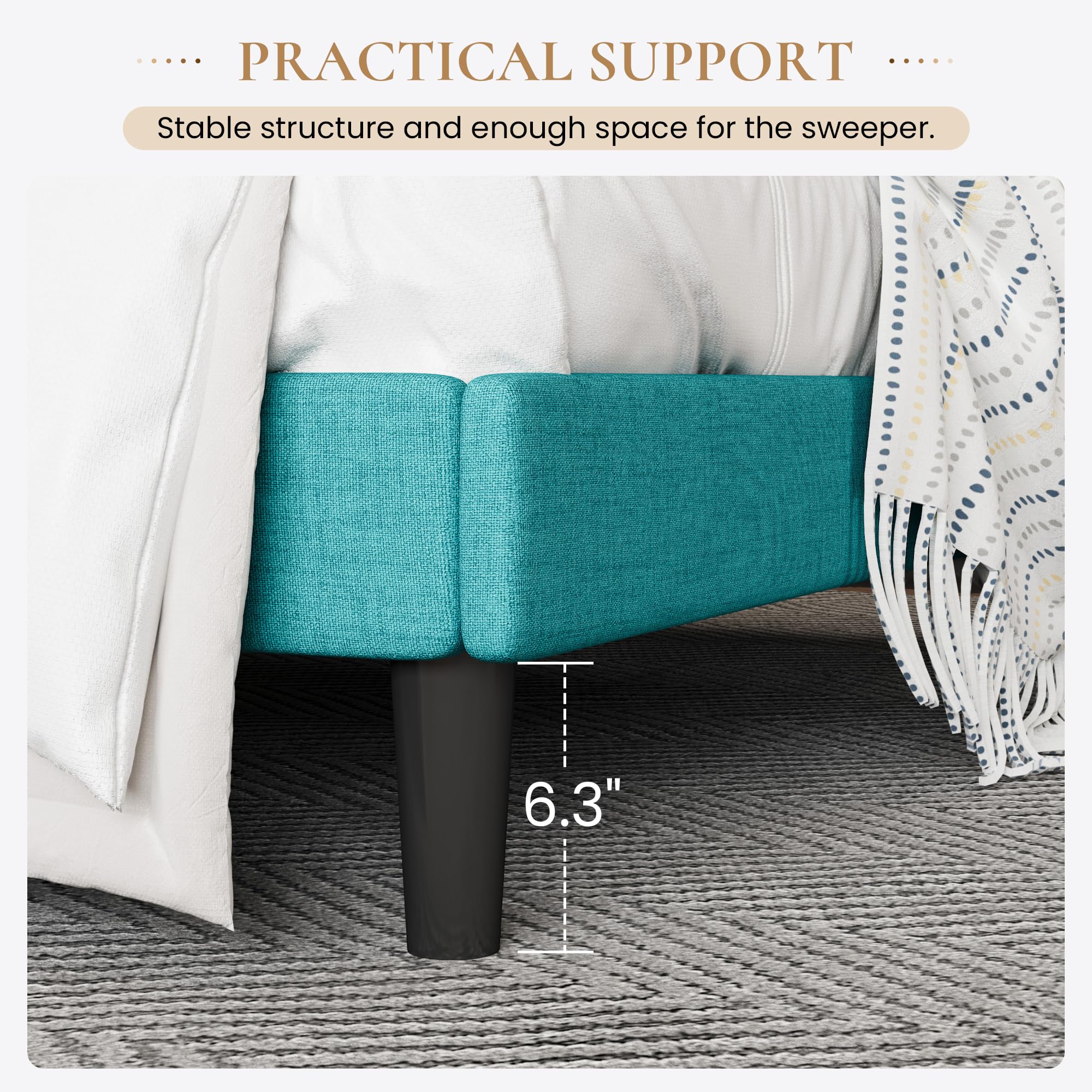 Upholstered Bed Frame King Size with Streamlined Wingback Headboard