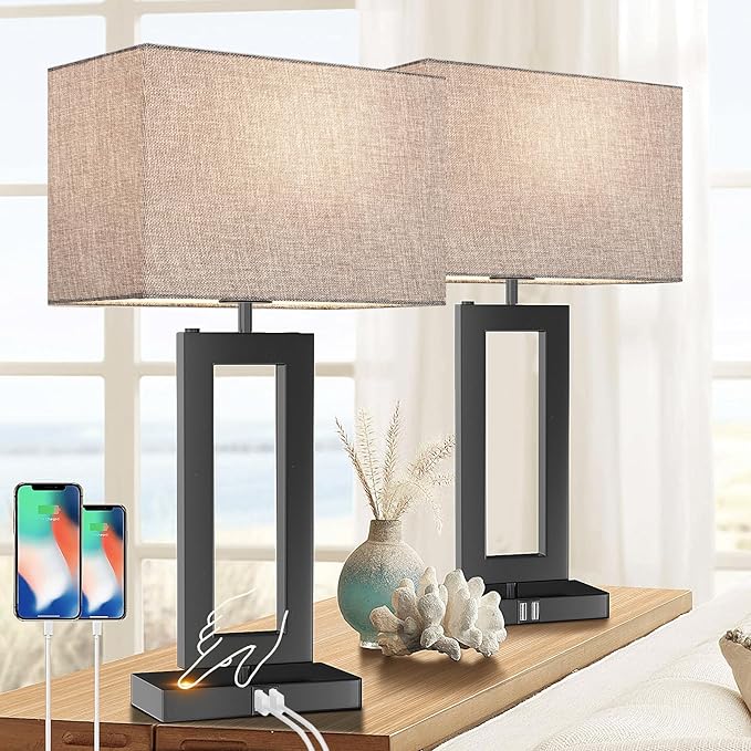 22’’ Tall Set of 2 Touch Control Table Lamp w. 2 USB Ports, 3-Way Dimmable Modern