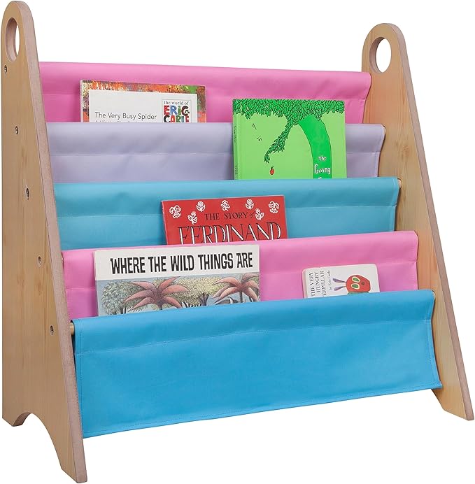 Kids Modern Sling Bookshelf for Boys and Girls, Wooden Design Features Two Top