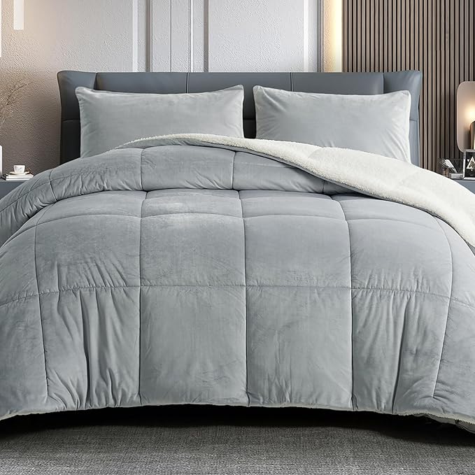 Queen Comforter Set Micromink Sherpa Comforter 3 Piece Ultra Soft Plush Down Alternative Bedding