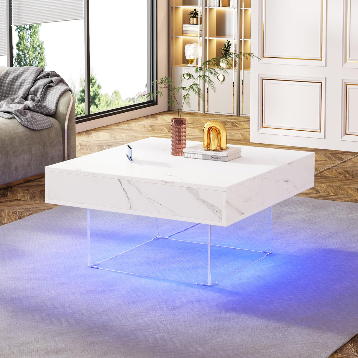 Square LED Coffee Table: Faux Marble White Coffee Table for Living Room