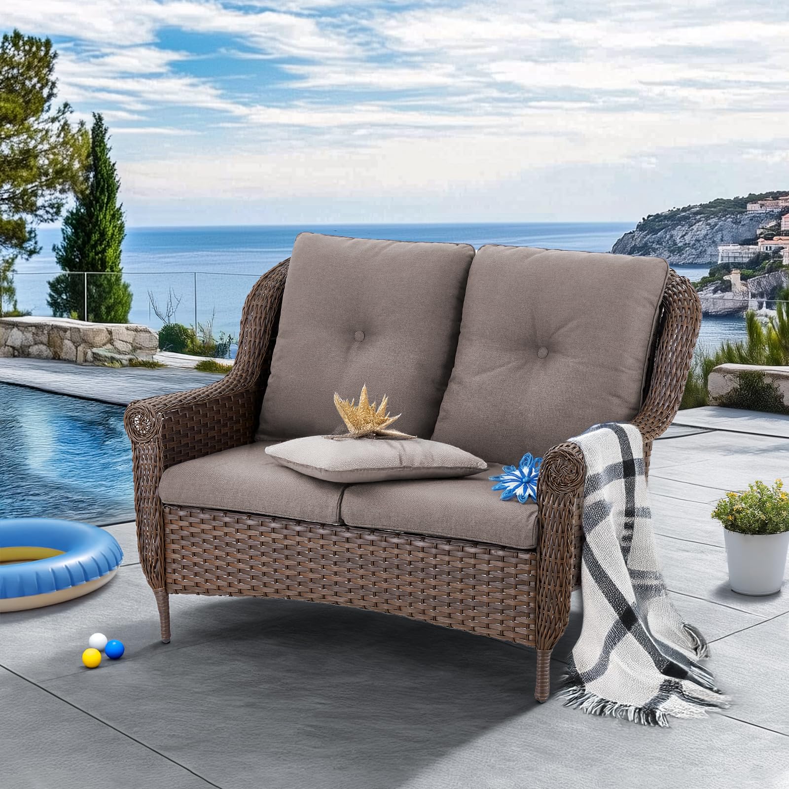 Patio Wicker Loveseat 2-Person Sofa - Heavy Duty Outdoor Resin Rattan Lawn