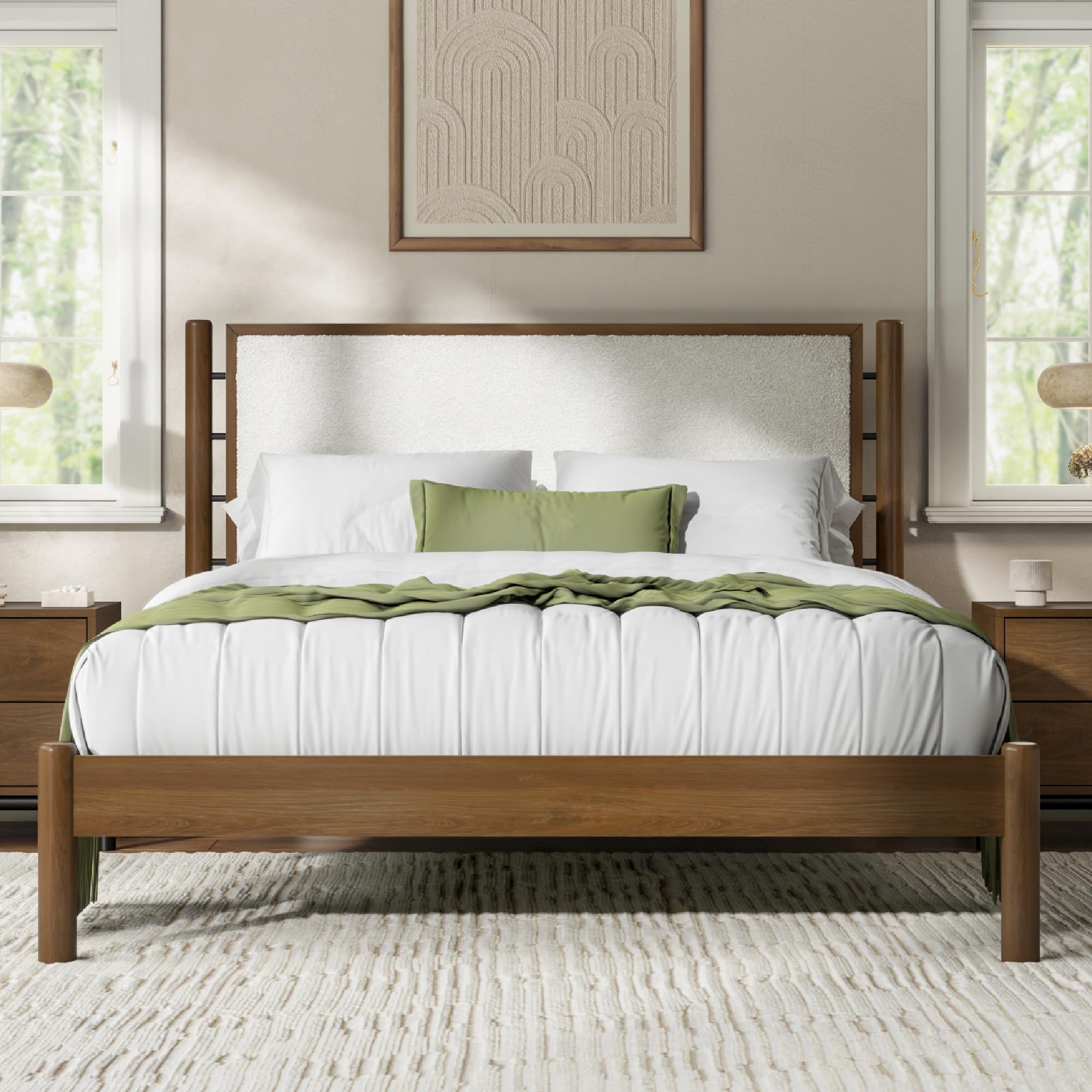 Queen Size Solid Wood Bed Frame with Upholstered Boucle Headboard