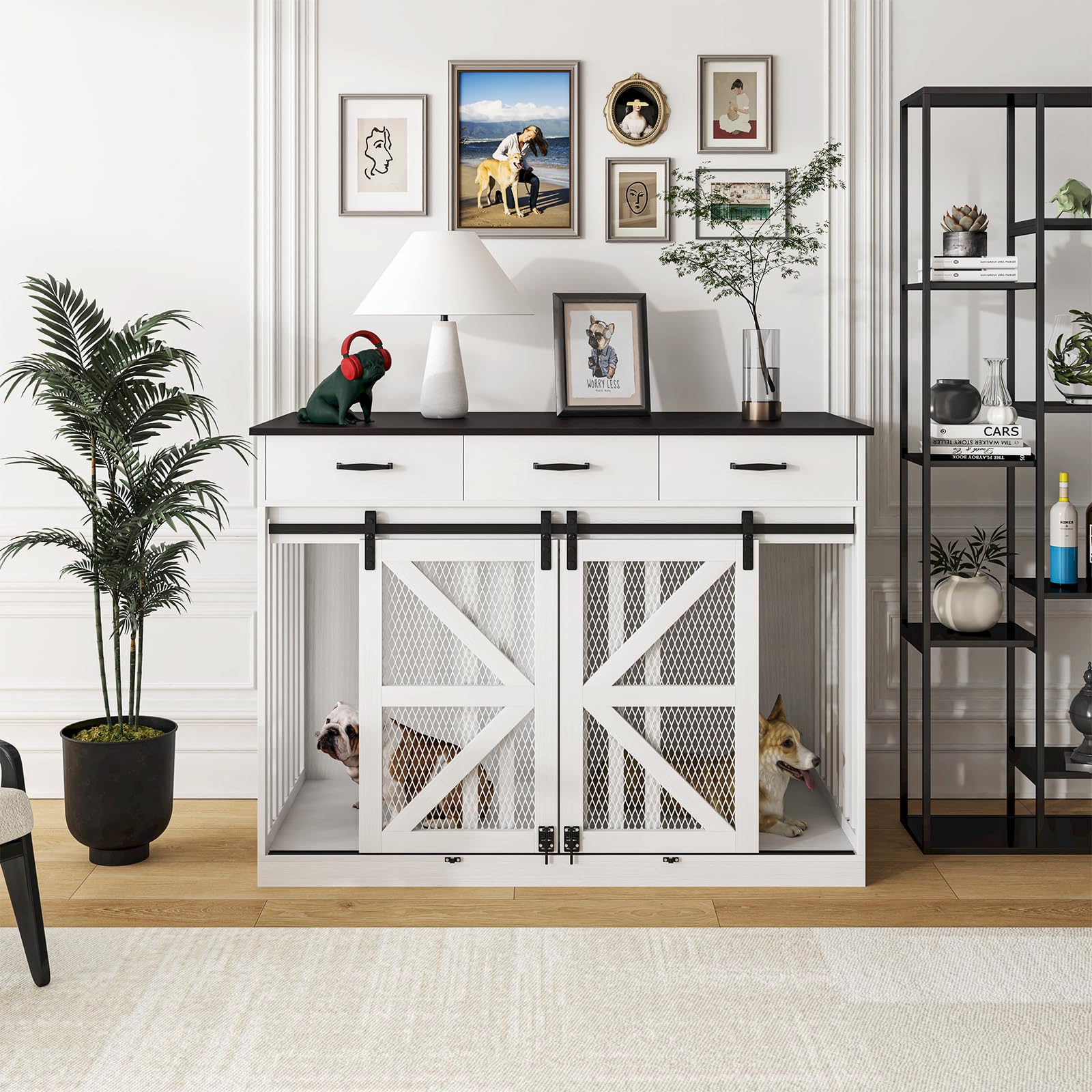 Farmhouse Dog Crate Furniture with Storage Drawers - Large Wooden Kennel & TV Stand