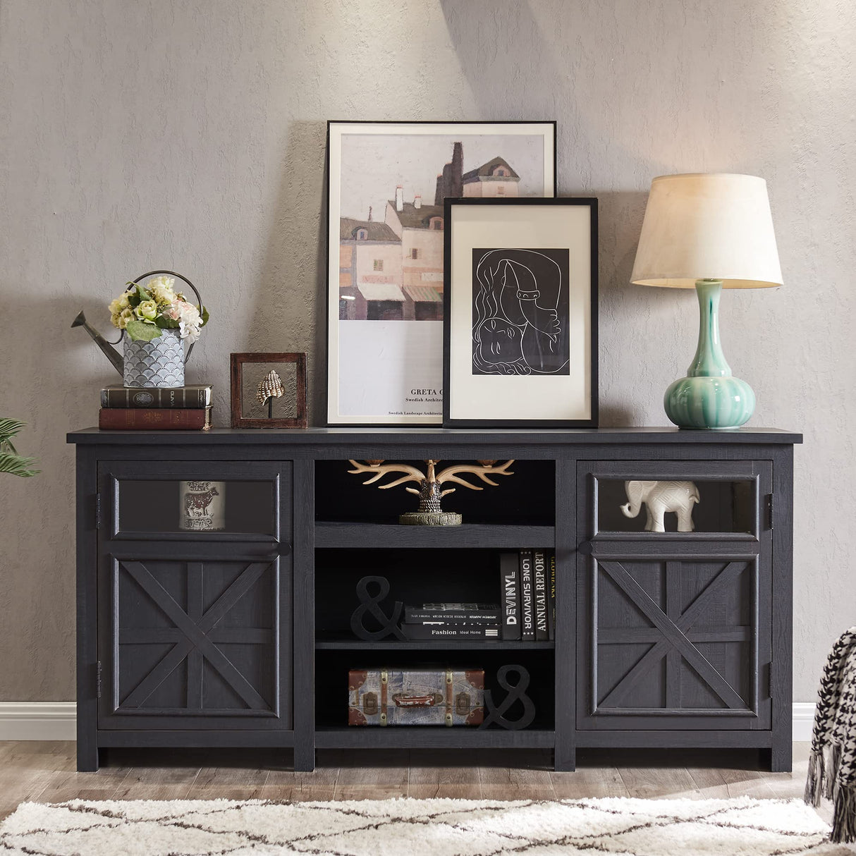 Farmhouse TV Stand for 75 Inch TV, Entertainment Center with Storage