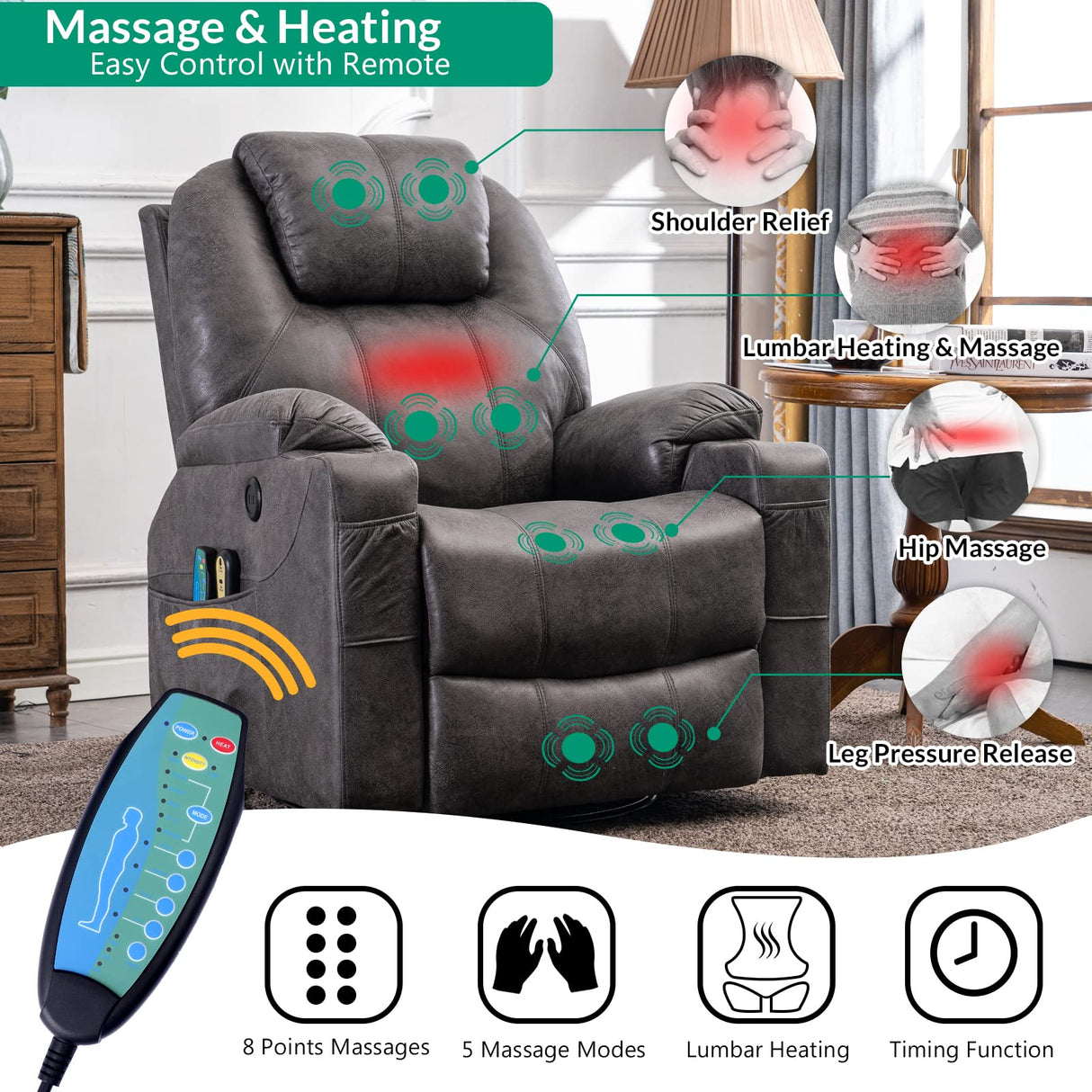 Manual Massage Rocker Recliner Chair, 360° Swivel Glider Lounge Chair