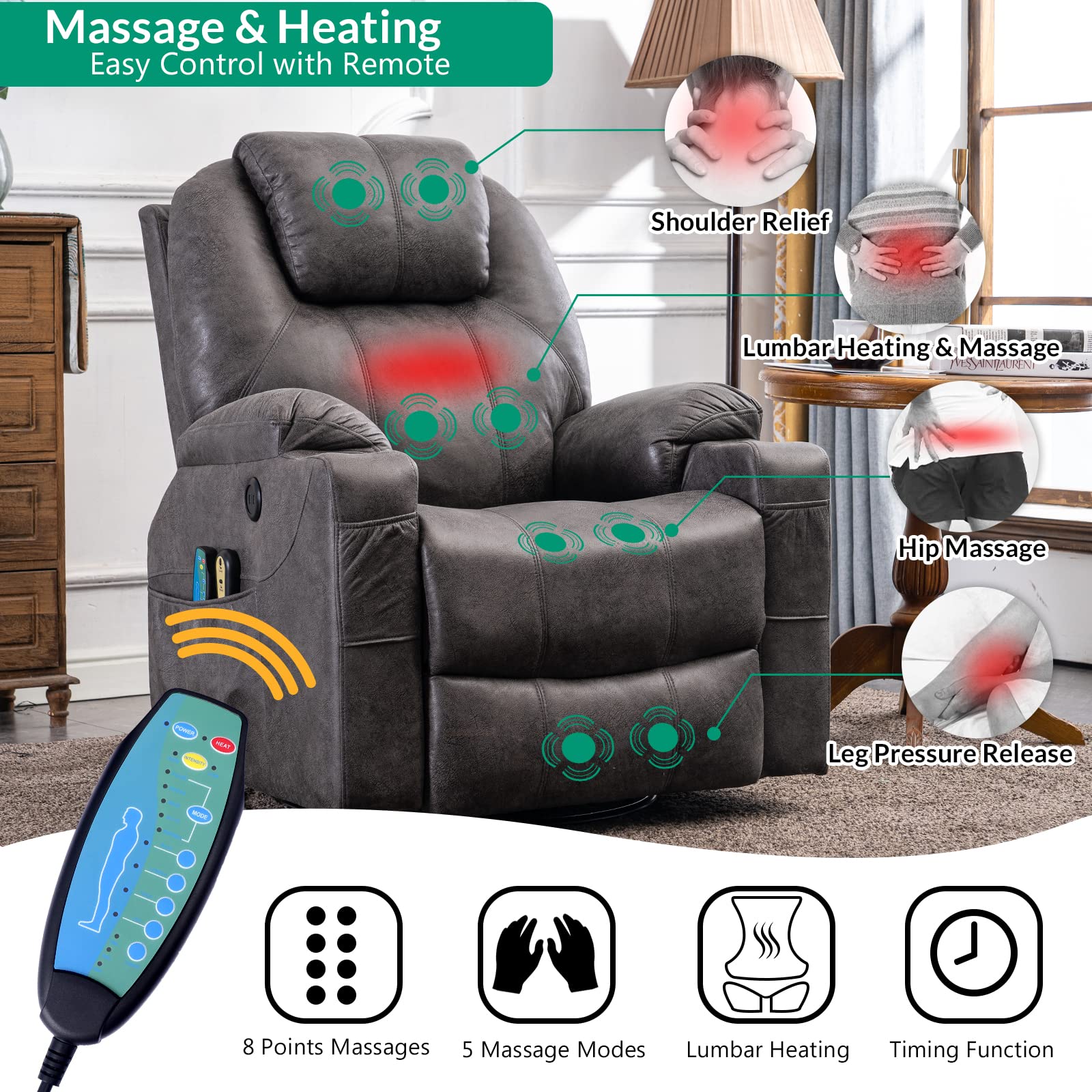 ZenLuxe Swivel Glider Recliner – Massage, Heat, USB, Cup Holders