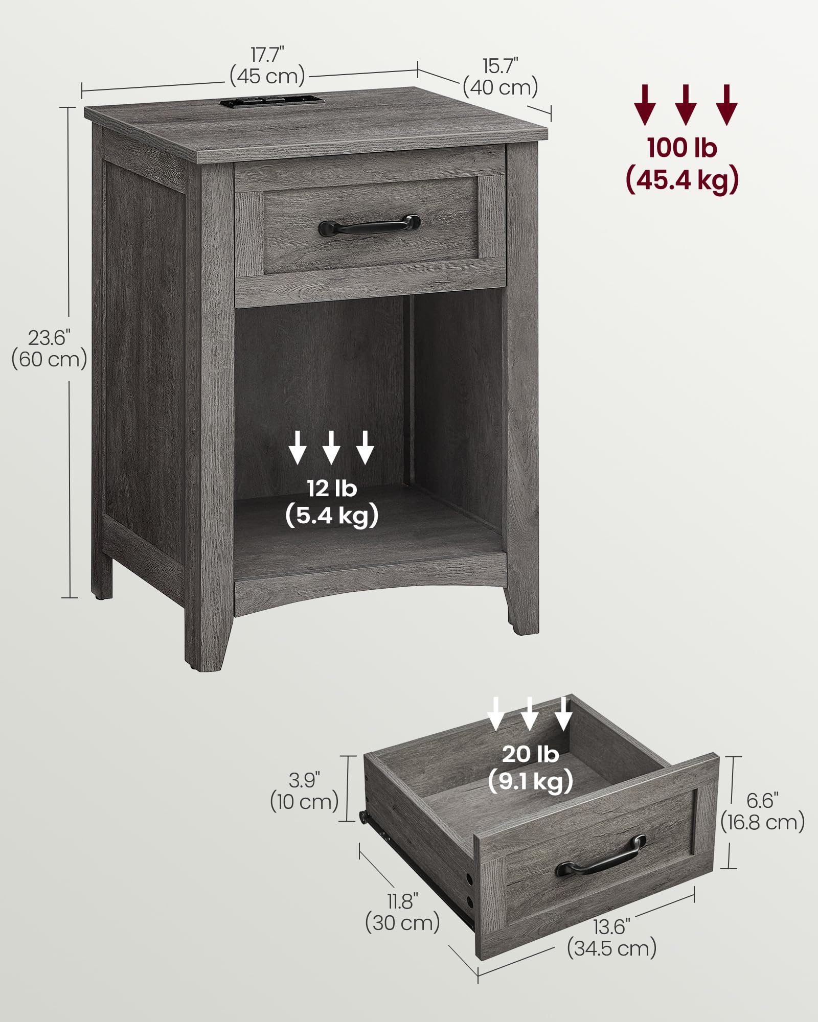 Farmhouse Nightstand with Charging Station, Bedside Table with Drawer