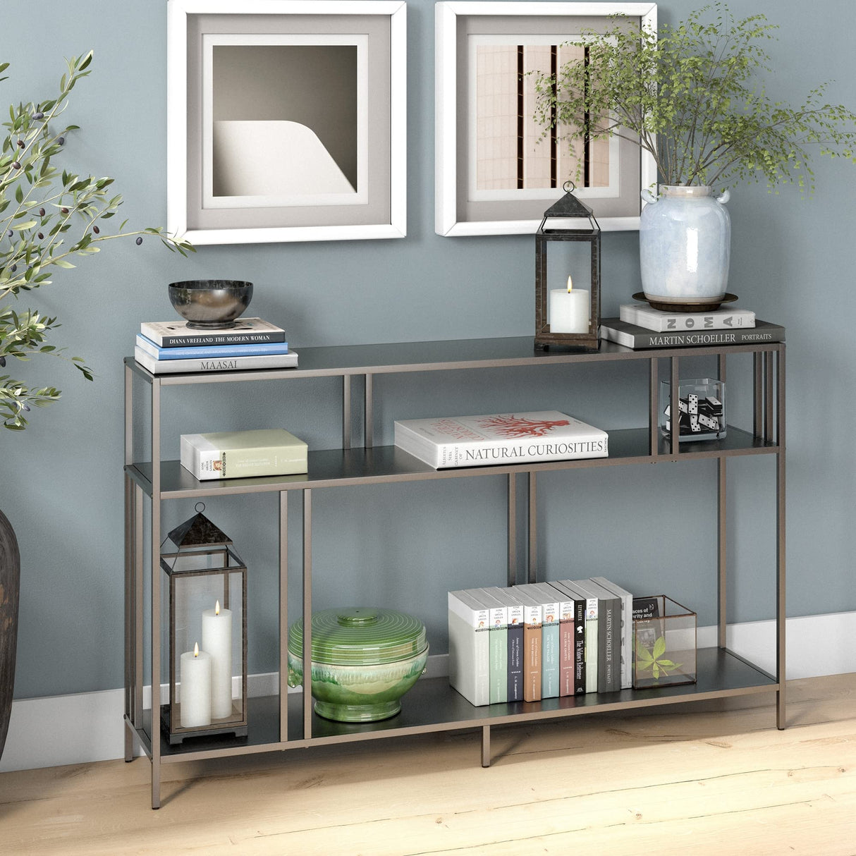 48" Wide Rectangular Console Table with Glass Shelves in Brass, Entryway Table, Accent