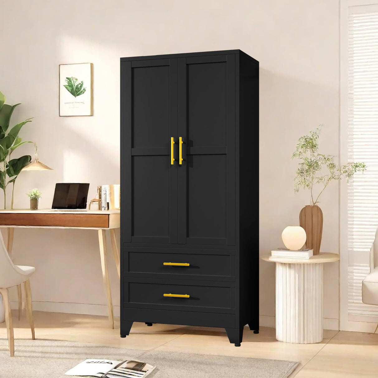 PAOFIN Black 71" Metal Armoire Wardrobe Closet, Bedroom Clothing Storage Cabinet with 2 Drawers and Hanging Rod, Freestanding Armoire Cabinet with Adjustable Shelves