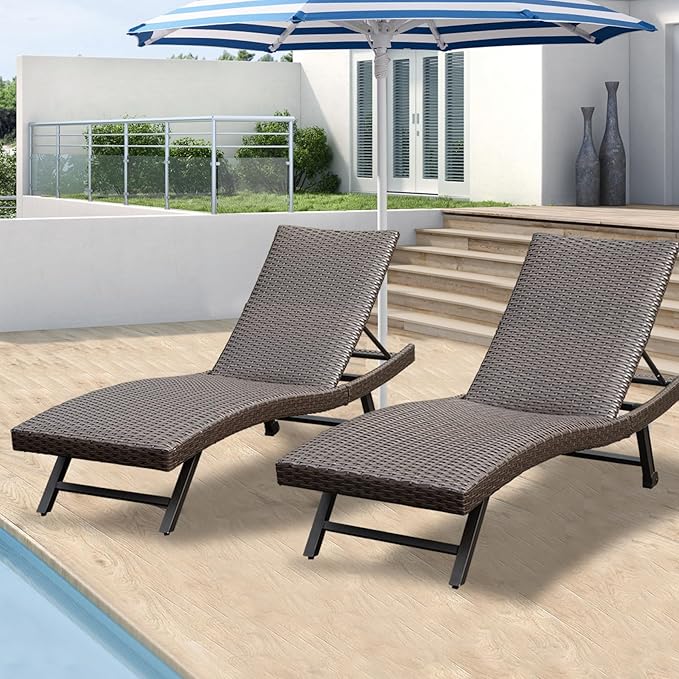 Outdoor PE Wicker Chaise Lounge - Set of 2 Patio Reclining Chair Furniture
