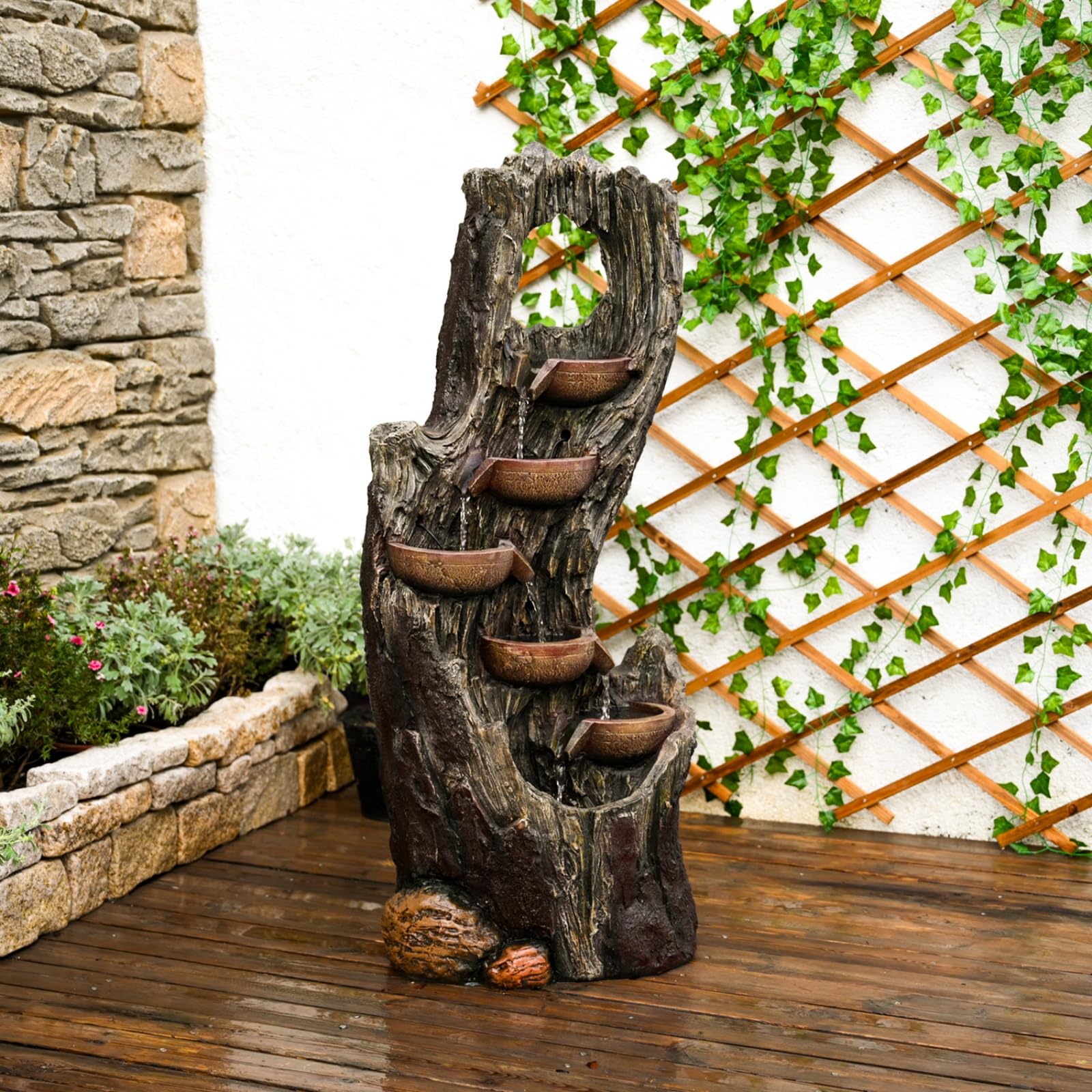 6-Tiers Floor Cascading Waterfall Fountains Outdoor Indoor Tree Trunk Water Garden