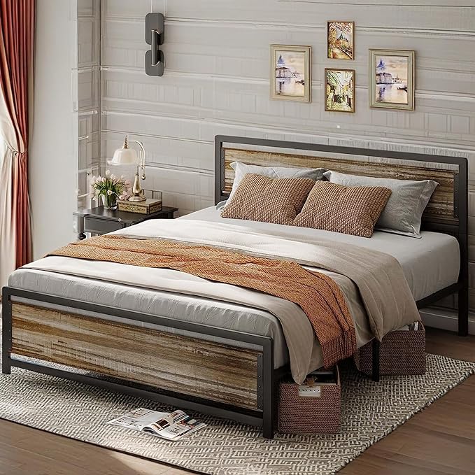 Queen Metal Platform Bed Frame with Wooden Headboard, 15 Iron Slats, Large Underbed Storage, Easy Assembly,