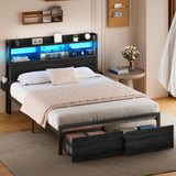 Queen Bed Frame with Wood Headboard and Storage Shelf, Metal Platform Bed Frame