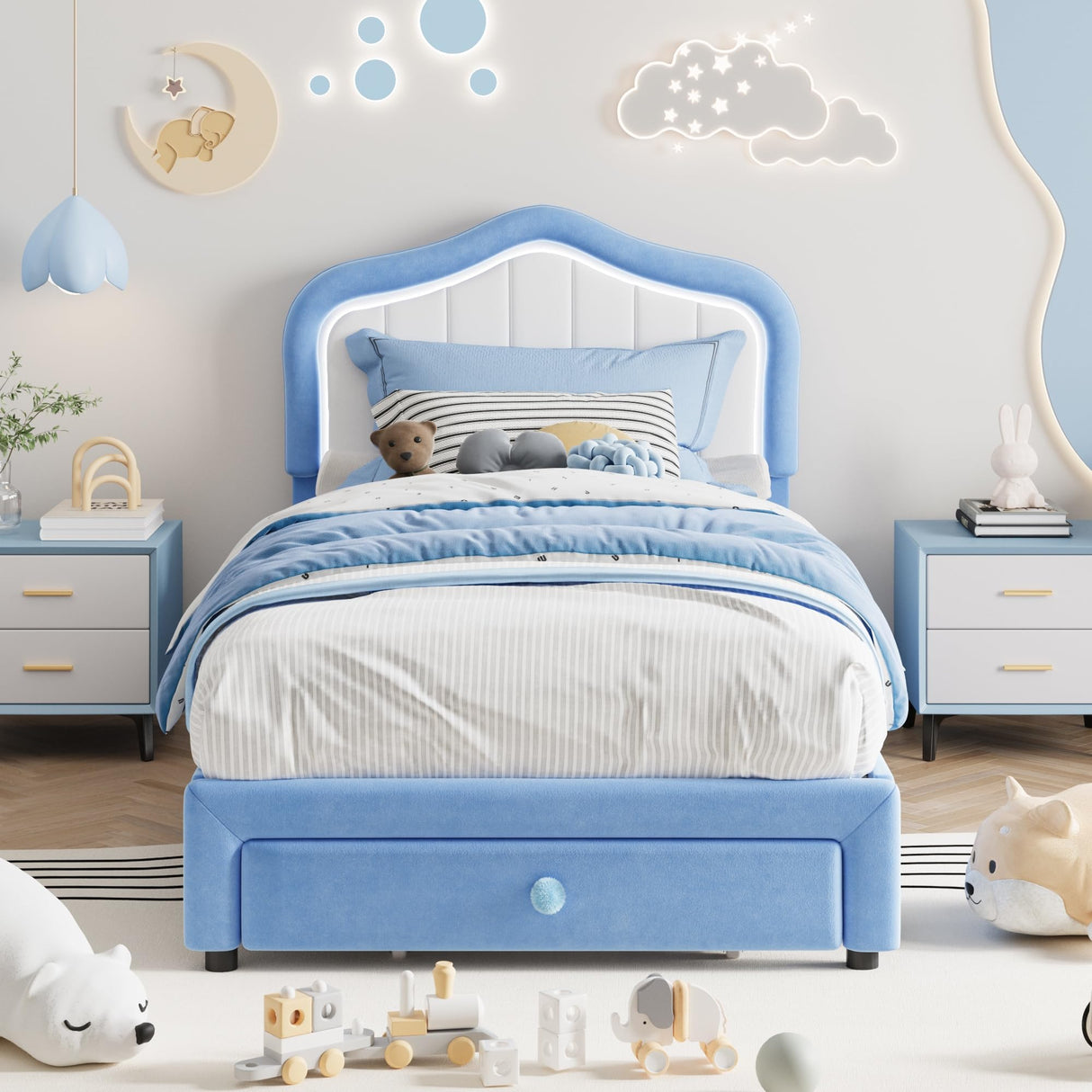 GAOMON Upholstered Twin-XL Size Bed Frame with Smart Led Headboard, Velvet Platform Bed Frame with Storage Drawer for Kids, Wooden Slats Support, No Box Spring Needed, Easy Assembly, Blue