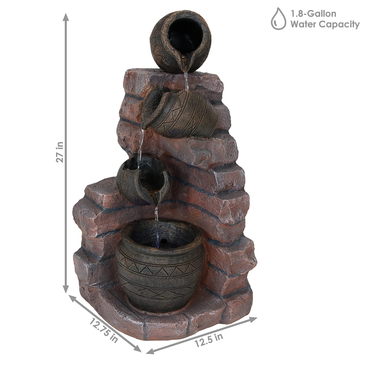 Crumbling Bricks and Pots 27-Inch Solar Fountain with LED Lights and Battery-Powered