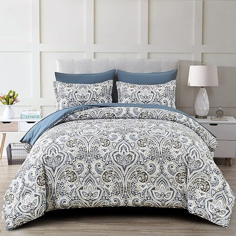 Blue Comforter Set  Damask Pattern Bed in a Bag Boho Paisley Bedding