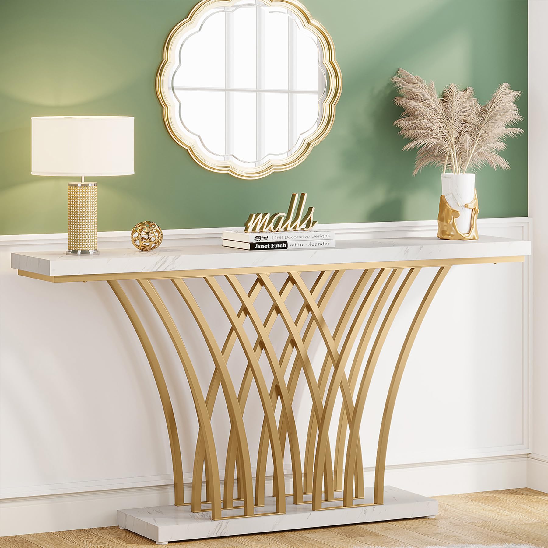 59-Inch Gold Console Table with Faux Marble Top