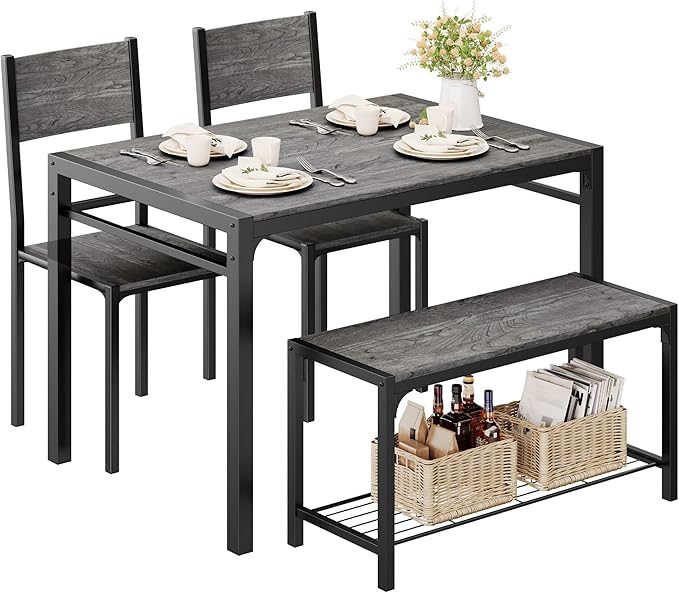 4-Piece Dining Set with Table, Bench & 2 Chairs - Dark Grey