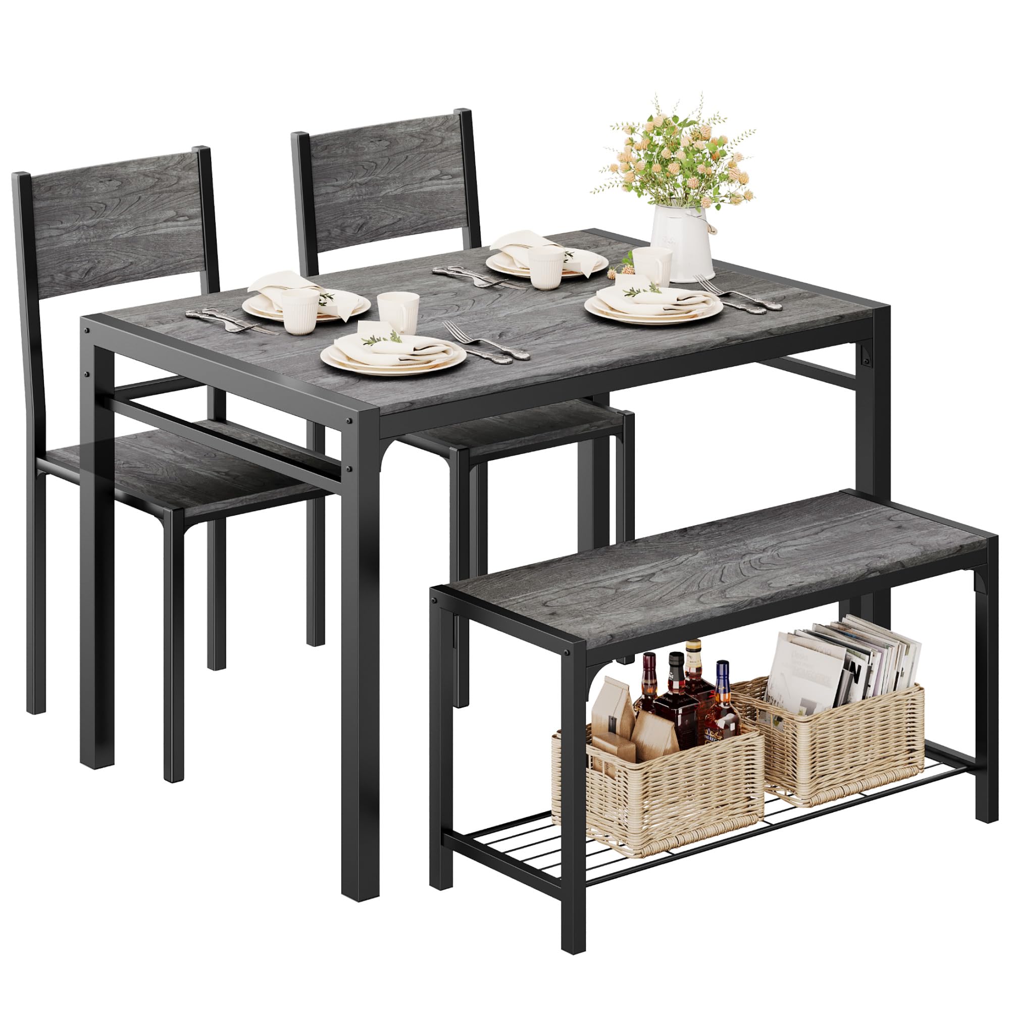 4-Piece Dining Set - Table, Chairs & Bench