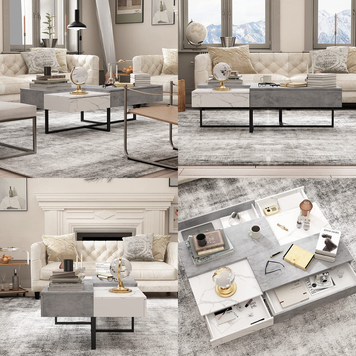 Modern Design Coffee Table with 4 Drawers & Metal Legs, Wood Center Table