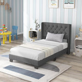 Full Bed Frame with Button Tufted Headboard, Modern Fabric Upholstered Platform Bed