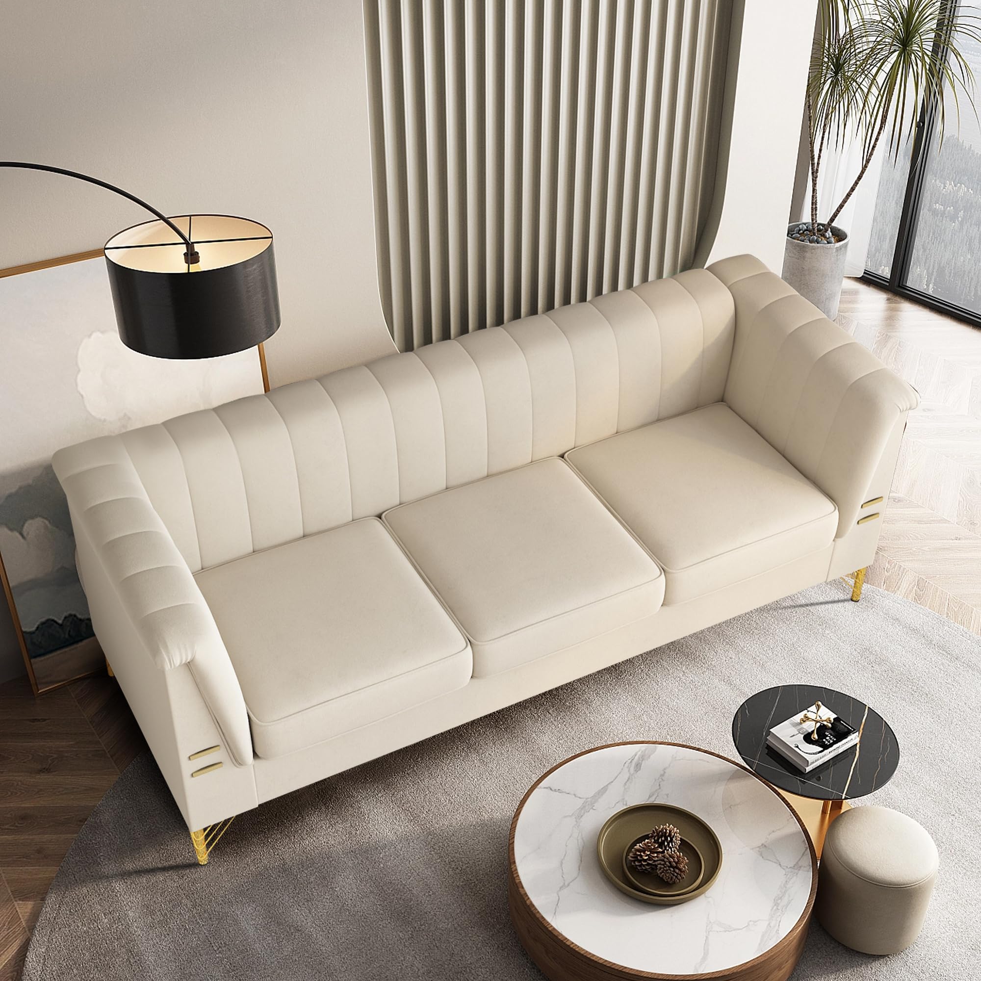 WeaArco 83 Inches 3 Seater Couch,Modern Velvet Sofa Couch with Gold Metal Legs,Mid-Century Modern Couch High Arm for Living Room,Bedroom,Office (Beige)