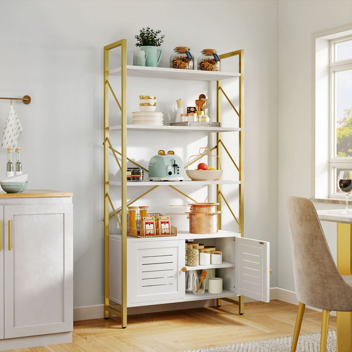 Bookshelf and Bookcase with Storage Cabinet, Standing 5 Tiers Book Shelves Display Rack with Doors for Bedroom Living Room Office,White&Gold