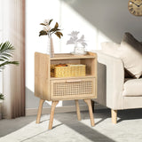 Rattan Nightstand, Boho Side Table with Drawer Open Shelf, Cane Accent Bedside End Table with Solid