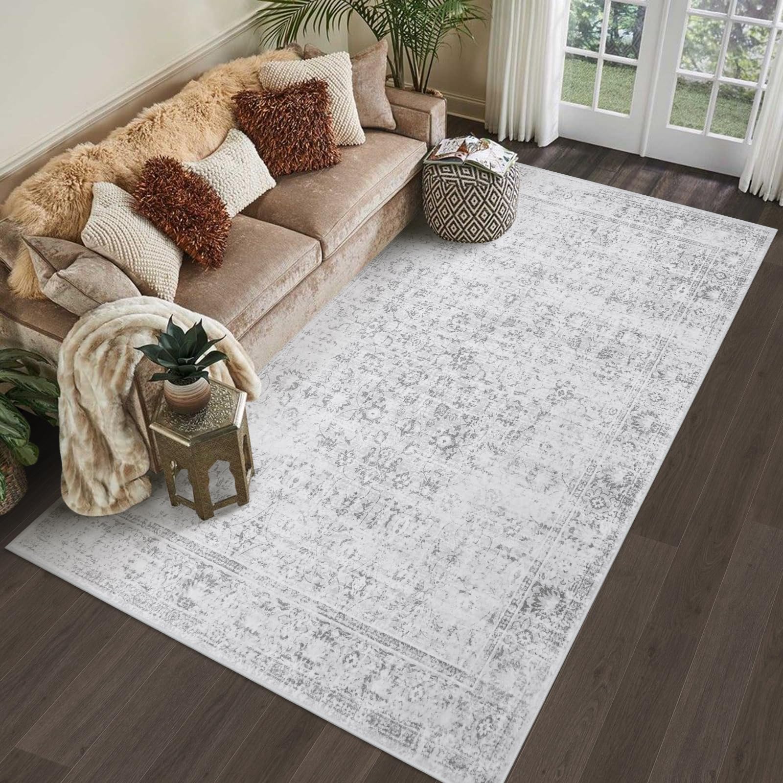Washable Area Rug 8x10 Large Boho Living Room Rug Vintage Grey Rug for Bedroom