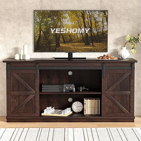 TV Stand for Televisions up to 65 Inchs, with Sliding Barn Doors and Storage Cabinets,